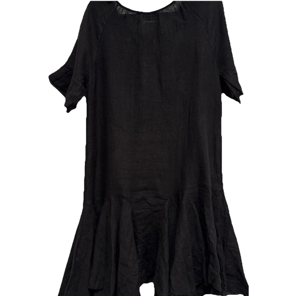Camille &Co Black Linen Peasant Style Dress Size S Ruffle Staggered Hemline - Picture 4 of 6